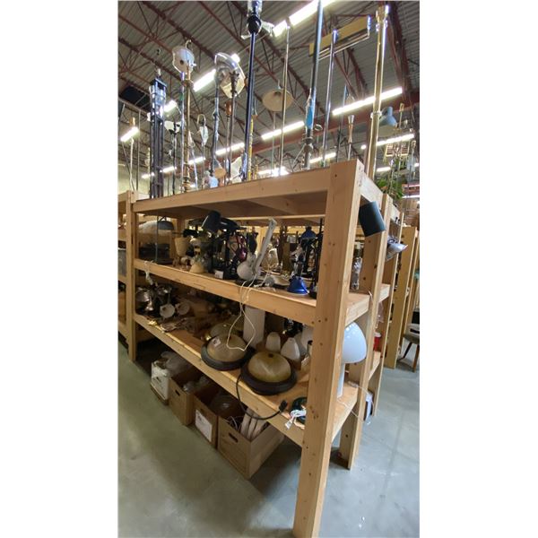 4 SHELVES FULL OF ASSORTED  MODERN & VINTAGE LAMPS - FLOOR LAMPS, TABLE LAMPS, LANTERNS AND PARTS