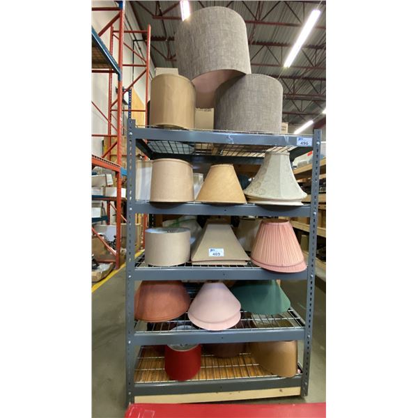 LARGE GROUP OF ASSORTED LAMP SHADES *GREY SHELF UNIT NOT INCLUDED*