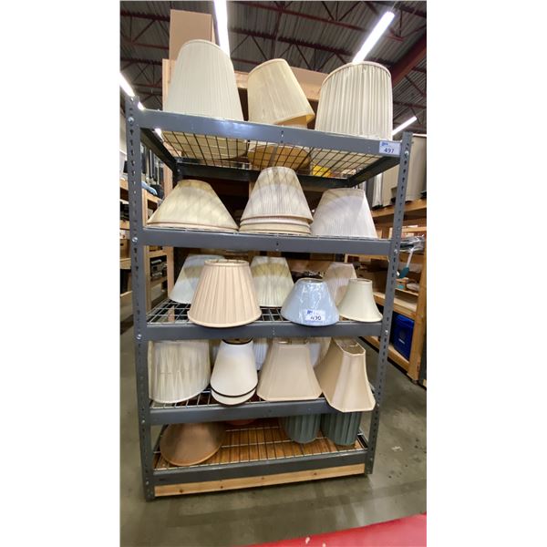LARGE GROUP OF ASSORTED LAMP SHADES *GREY SHELF UNIT NOT INCLUDED*