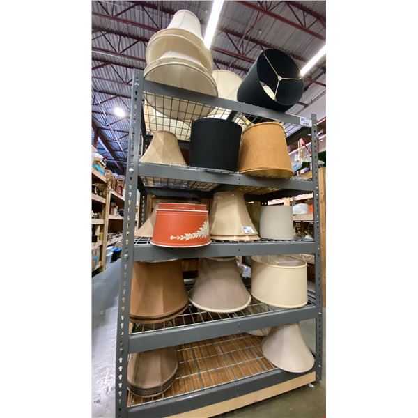 LARGE GROUP OF ASSORTED LAMP SHADES *GREY SHELF UNIT NOT INCLUDED*