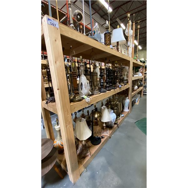 2 WOODEN SHELVING UNITS - EACH UNIT MEASURES APPROX. 8FT X 2FT X 6FT HIGH