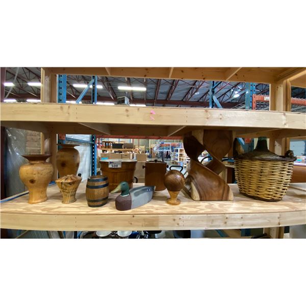 GROUP OF DECORATIVE WOODEN PIECES - DUCK DECOY TEAK ICE BUCKET, WOODEN VASES, SCULPTED WOOD STAND,