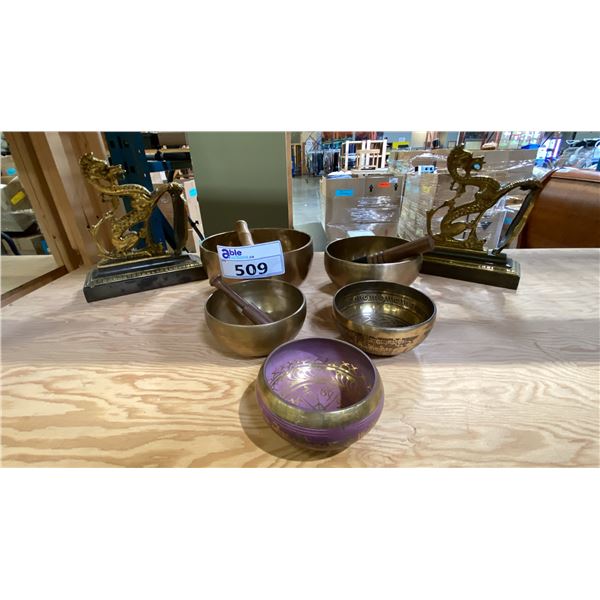 BRASS DRAGON BOOKENDS AND 5 PCS. BRASS SINGING BOWLS