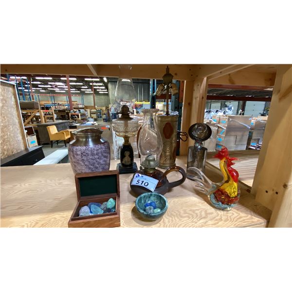 GROUP OF DECORATIVE ITEMS - GLASS ROOSTER, OIL LAMPS, CRYSTAL SCULPTURE, LIDDED URN AND
