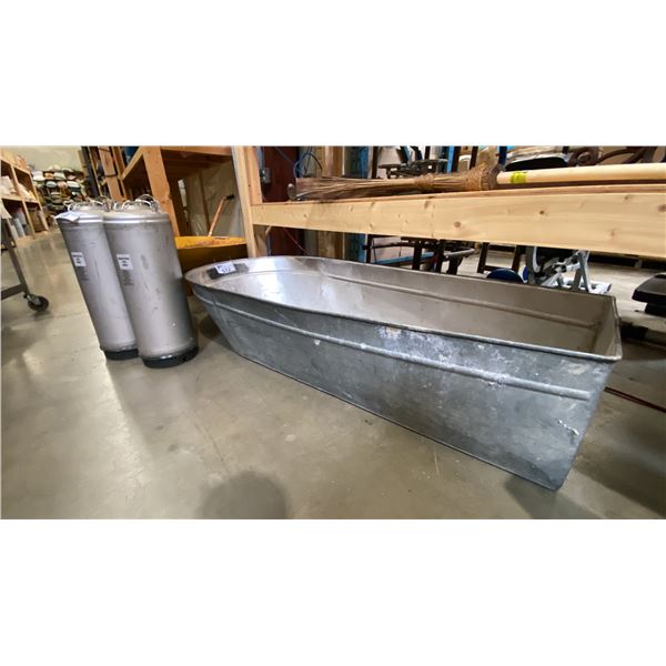 GALVANIZED METAL BATH TUB, WHEEL BARREL, 2 INDUSTRIAL CHEMICAL STORAGE CONTAINERS AND