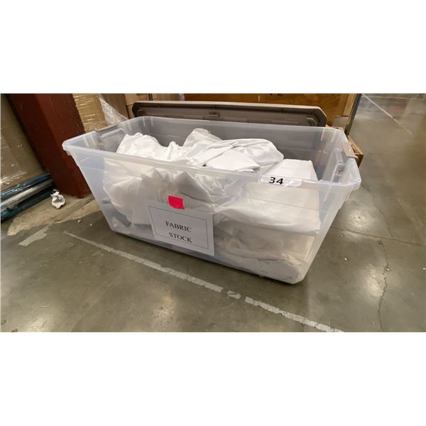GROUP OF 6 PLASTIC STORAGE BIN OF WHITE DROP CLOTHS