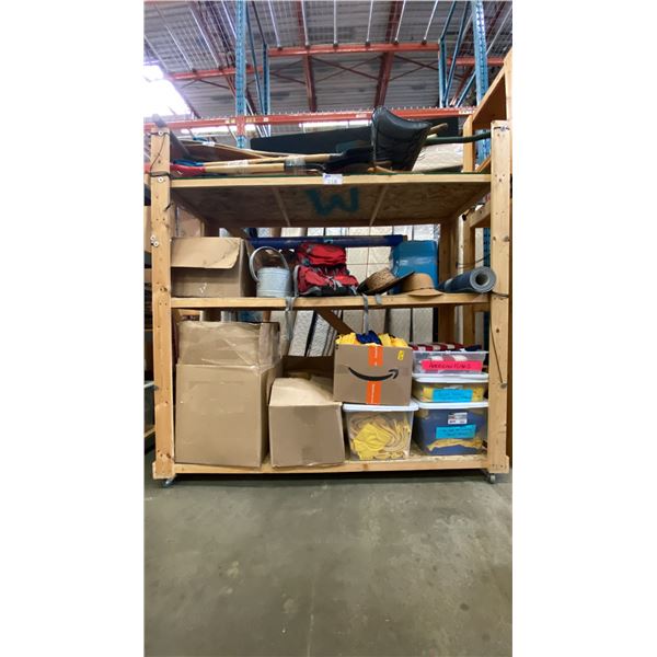 WOODEN MOBILE SHELF UNIT AND CONTENT - ASSORTED GARDEN TOOLS AND CAMPING ITEMS