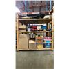 Image 1 : WOODEN MOBILE SHELF UNIT AND CONTENT - ASSORTED GARDEN TOOLS AND CAMPING ITEMS