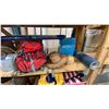 Image 3 : WOODEN MOBILE SHELF UNIT AND CONTENT - ASSORTED GARDEN TOOLS AND CAMPING ITEMS