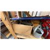 Image 4 : WOODEN MOBILE SHELF UNIT AND CONTENT - ASSORTED GARDEN TOOLS AND CAMPING ITEMS