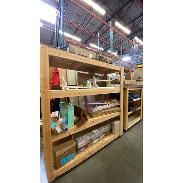 2 WOODEN MOBILE SHELVING UNITS WITH ASSORTED CONTENTS