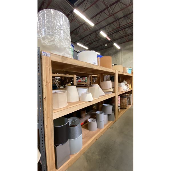 6 SHELVES OF ASSORTED LAMP SHADES AND LAUNDRY HAMPERS