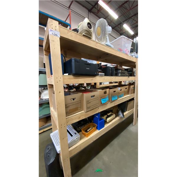 4 SHELVES OF ASSORTED ELECTRONICS, SMALL APPLIANCES AND BOOKS