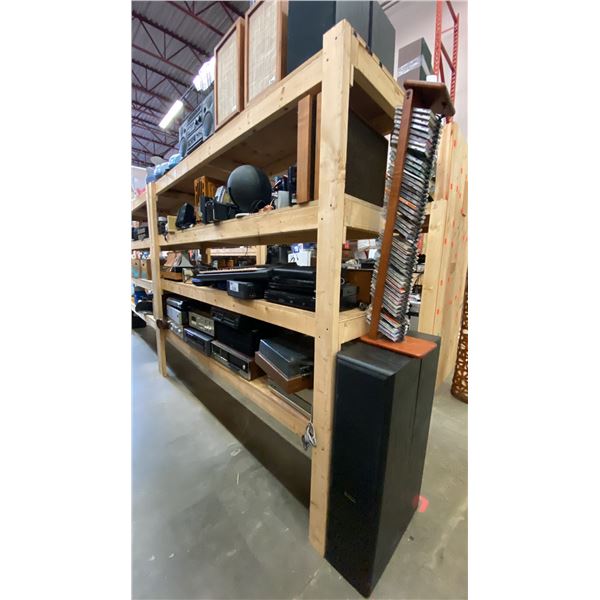 4 SHELVES OF ASSORTED ELECTRONICS - STEREOS, RADIOS AND SPEAKERS