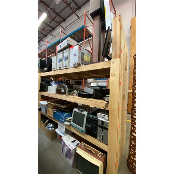 4 SHELVES OF COMPUTERS, STEREOS. SPEAKERS, AND ASSORTED ELECTRONICS