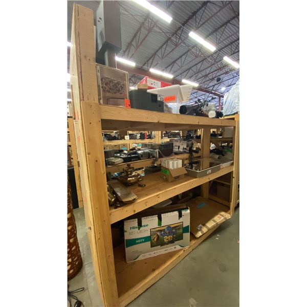 3 SHELVES OF ASSORTED ITEMS- TV, TELESCOPE, MEDICINE CABINETS, CEILING FAN AND MORE