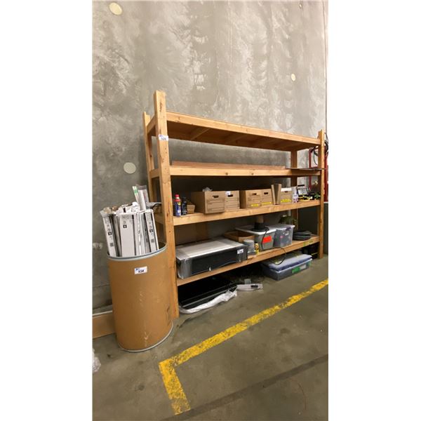 3 SHELVES AND 1 BARREL OF ASSORTED ELECTRICAL AND MISCELLANEOUS ITEMS