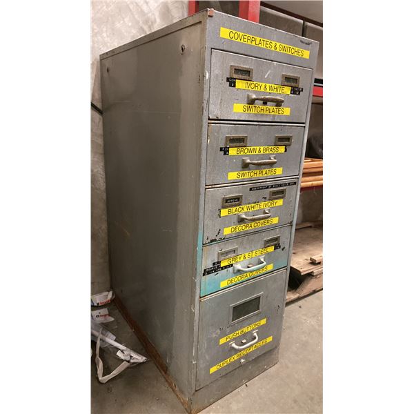 5 DRAWER METAL PARTS CABINET FILLED WITH ASSORTED LIGHT SWITCHES