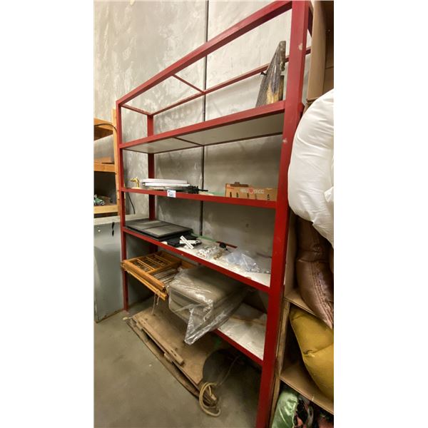 HEAVY METAL RED 4 TIER SHELF UNIT WITH CONTENTS  - APPROX. 5 1/2FT X 1 1/2FT X 7 1/2FT