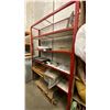 Image 1 : HEAVY METAL RED 4 TIER SHELF UNIT WITH CONTENTS  - APPROX. 5 1/2FT X 1 1/2FT X 7 1/2FT