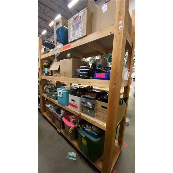 4 SHELVES OF ASSORTED TOOLS, CAMPING, ELECTRICAL  AND MORE