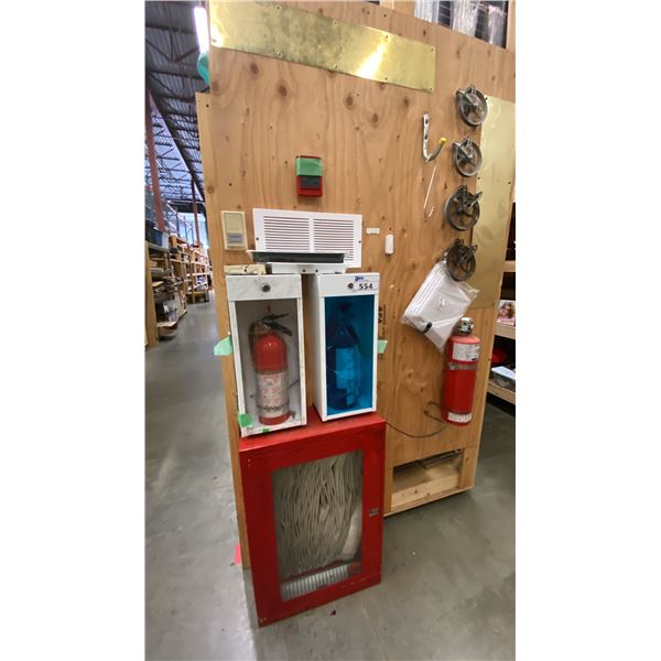 FIRE EQUIPMENT - CABINET WITH FIRE HOSE AND 3 FIRE EXTINGUISHERS