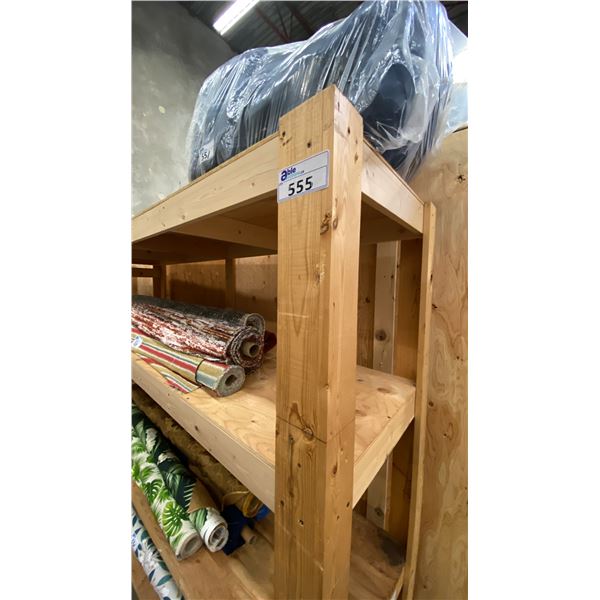 MOBILE WOODEN 4 TIER SHELVING UNIT - APPROX. 8FT X 2FT X 7FT HIGH *CONTENTS NOT INCLUDED*