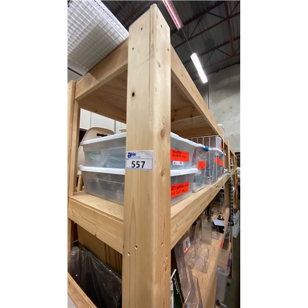GROUP OF 6 WOODEN SHELVING UNITS - EACH UNIT MEASURES APPROX. 8FT X 2FT/VARIES HEIGHT