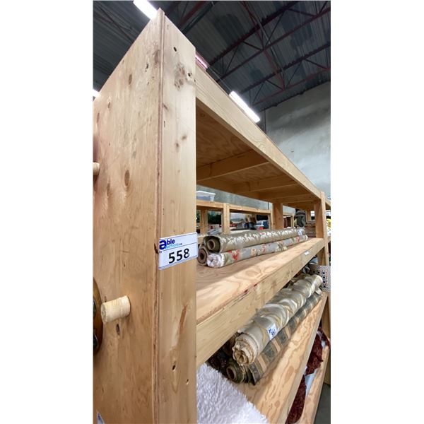 GROUP OF 3 WOODEN SHELVING UNITS - EACH UNIT MEASURES APPROX. 8FT X 2FT X 6FT & 8FT HIGH