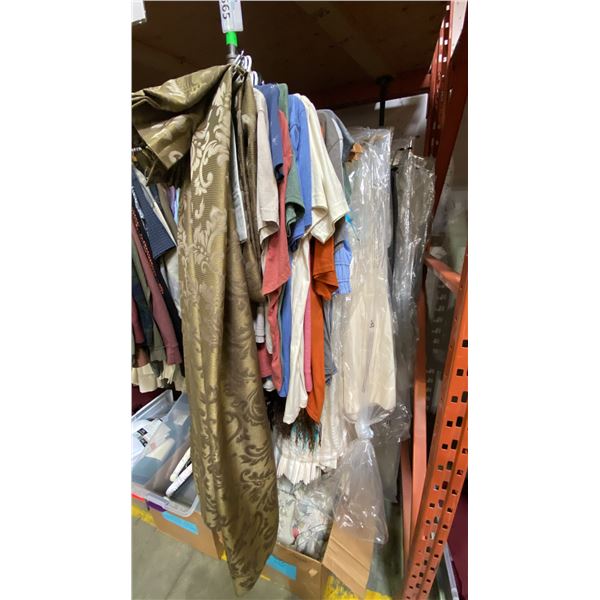 ONE RACK OF ASSORTED CLOTHING AND CURTAINS (MOSTLY CURTAINS) *RACK NOT INCLUDED*
