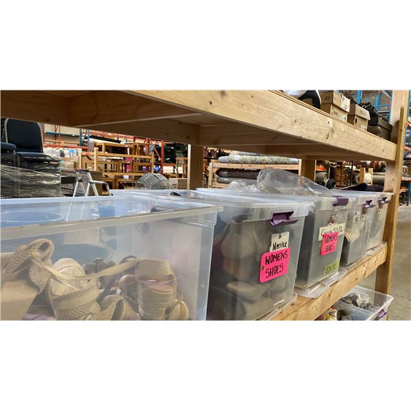 GROUP OF 5 PLASTIC STORAGE BINS OF ASSORTED SHOES
