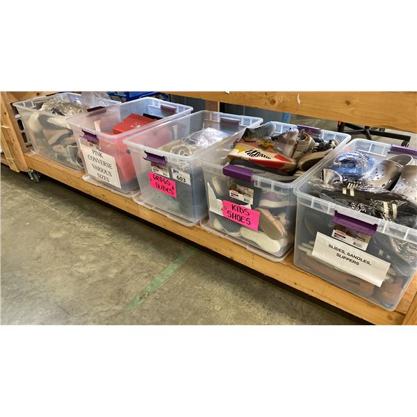 GROUP OF 5 PLASTIC STORAGE BINS OF ASSORTED SHOES