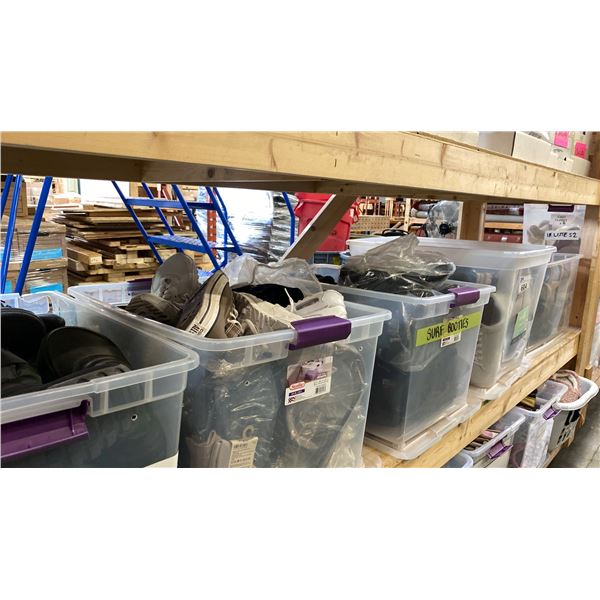 GROUP OF 5 PLASTIC STORAGE BINS OF ASSORTED SHOES