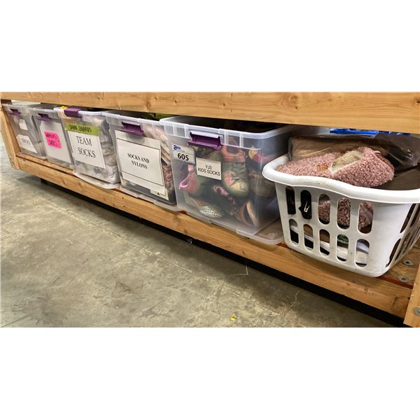 GROUP OF 6 PLASTIC BINS OF ASSORTED SHOES, SOCKS AND NYLONS