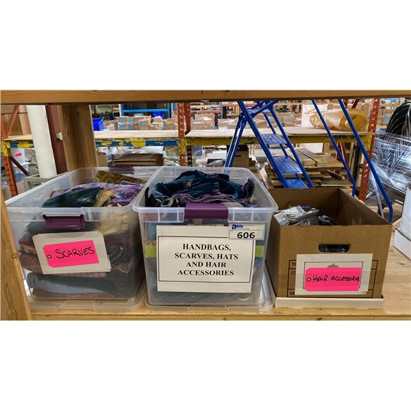 GROUP OF 3 BOXES OF SCARVES, HANDBAGS, HATS AND HAIR ACCESSORIES