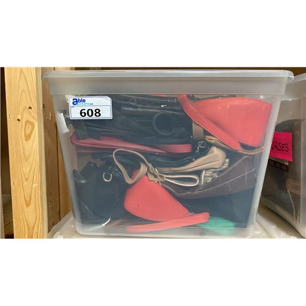 ONE PLASTIC STORAGE BIN OF ASSORTED PURSES