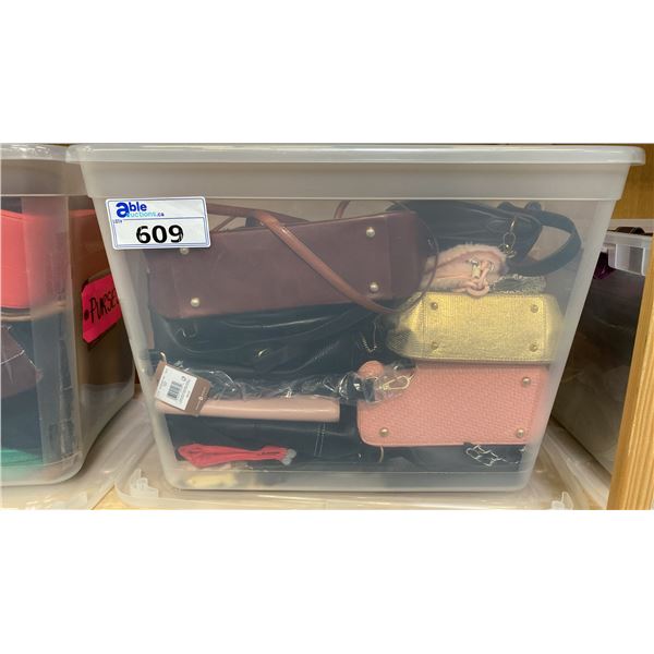 ONE PLASTIC STORAGE BIN OF ASSORTED PURSES