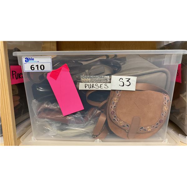 ONE PLASTIC STORAGE BIN OF ASSORTED PURSES