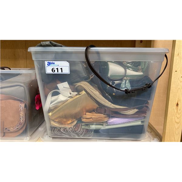 ONE PLASTIC STORAGE BIN OF ASSORTED PURSES