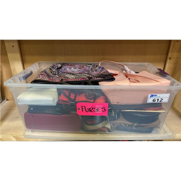 ONE PLASTIC STORAGE BIN OF ASSORTED PURSES