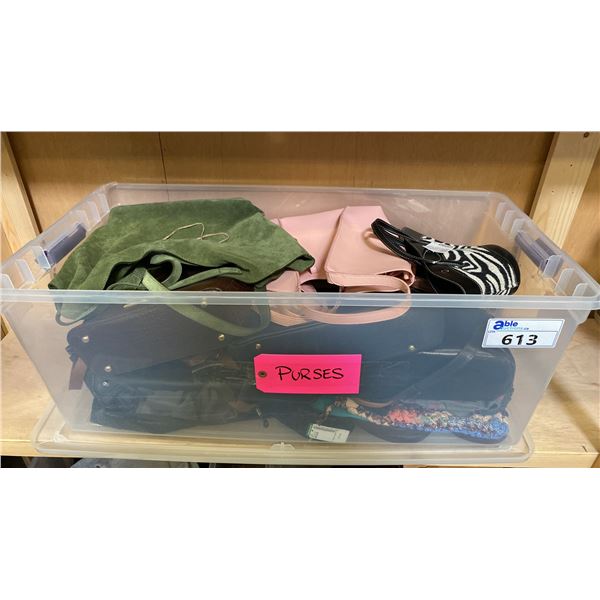 ONE PLASTIC STORAGE BIN OF ASSORTED PURSES