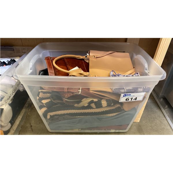 ONE PLASTIC STORAGE BIN OF ASSORTED PURSES