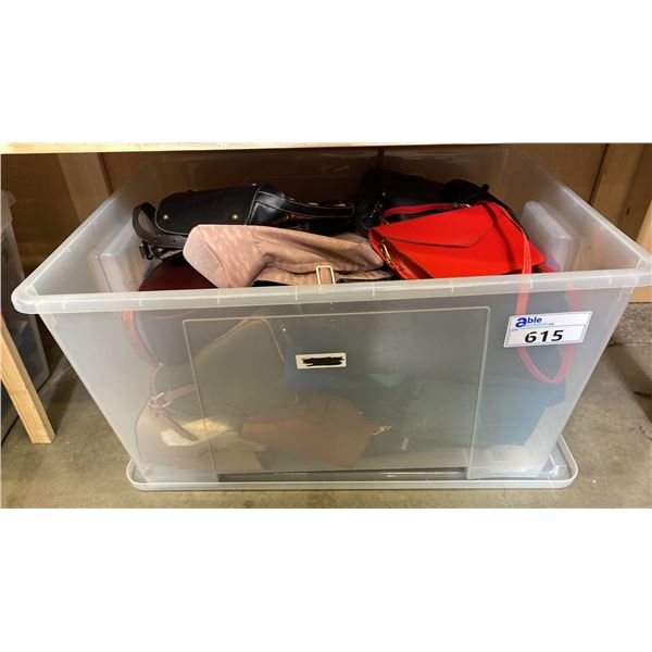 ONE PLASTIC STORAGE BIN OF ASSORTED PURSES