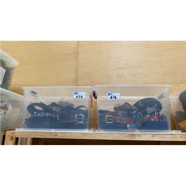 2 PLASTIC STORAGE BINS OF ASSORTED BELTS