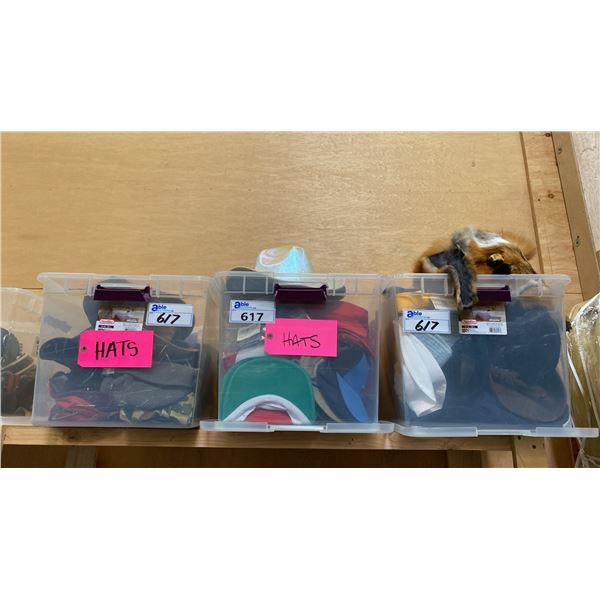 GROUP OF 3 PLASTIC STORAGE BINS OF ASSORTED HATS