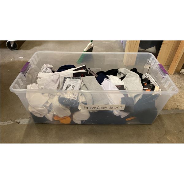 ONE LARGE PLASTIC STORAGE BIN OF ASSORTED SOCKS