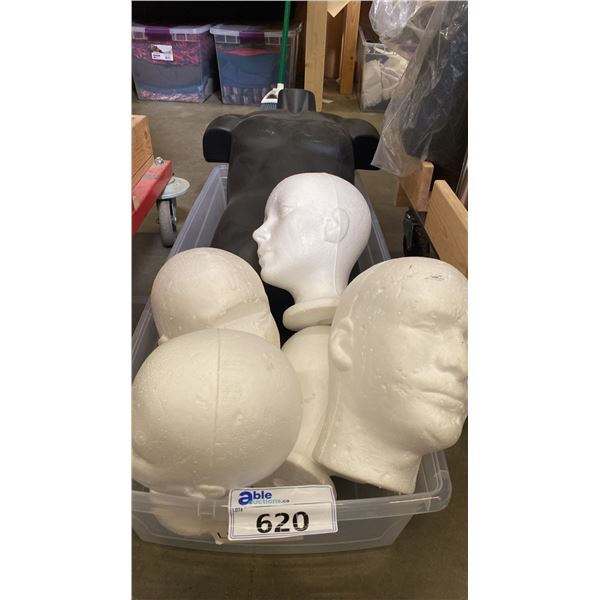 5 STYROFOAM HEADS AND 2 SHIRT FORMS
