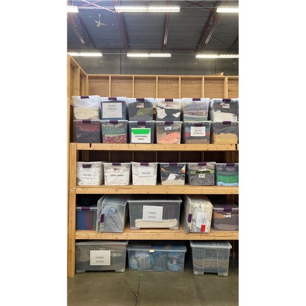 GROUP OF 26 PLASTIC STORAGE BINS FULL OF ASSORTED FABRIC MATERIAL