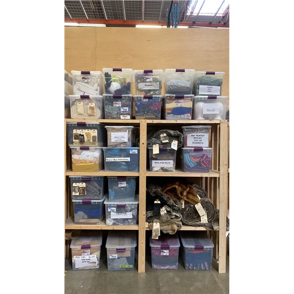 GROUP OF APPROX. 27 STORAGE BINS FULL OF ASSORTED FAUX FUR & FABRIC MATERIAL