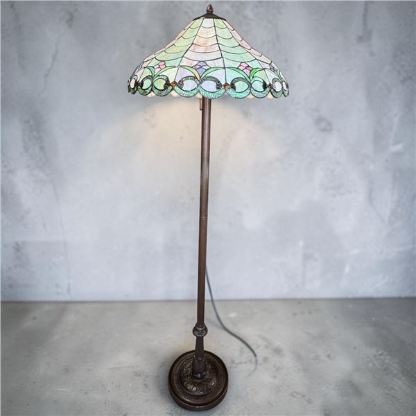 Tiffany-Style Floor Lamp Featuring a Green and Pink Stained Glass Shade W Dark Metal Base 62" Tall